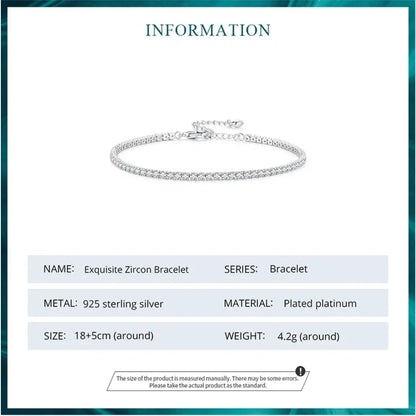 Exquisite 925 Sterling Silver Adjustable Tennis Bracelet - Platinum Plated with Clear 3mm Cubic Zirconia - Bracelets