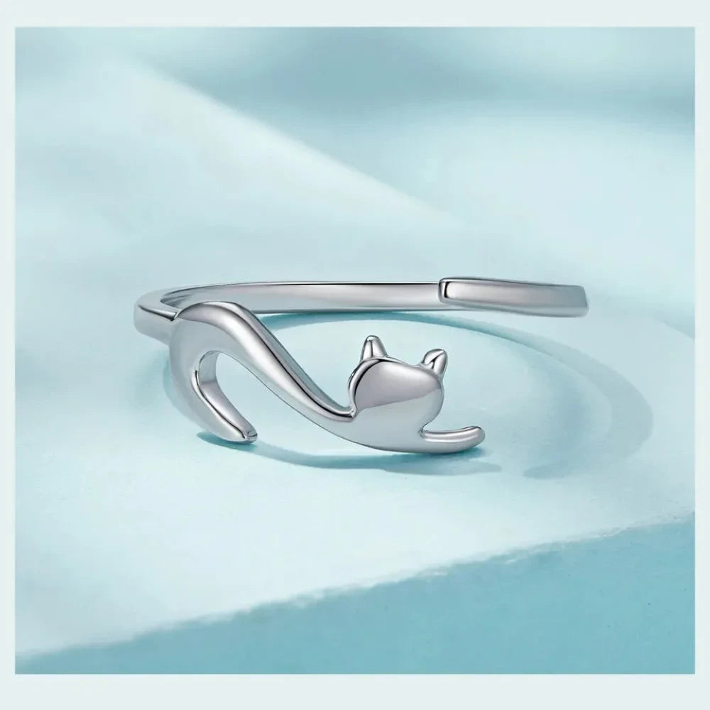 Playful Feline: Adjustable Sterling Silver Cat Ring with Long Tail - Rings