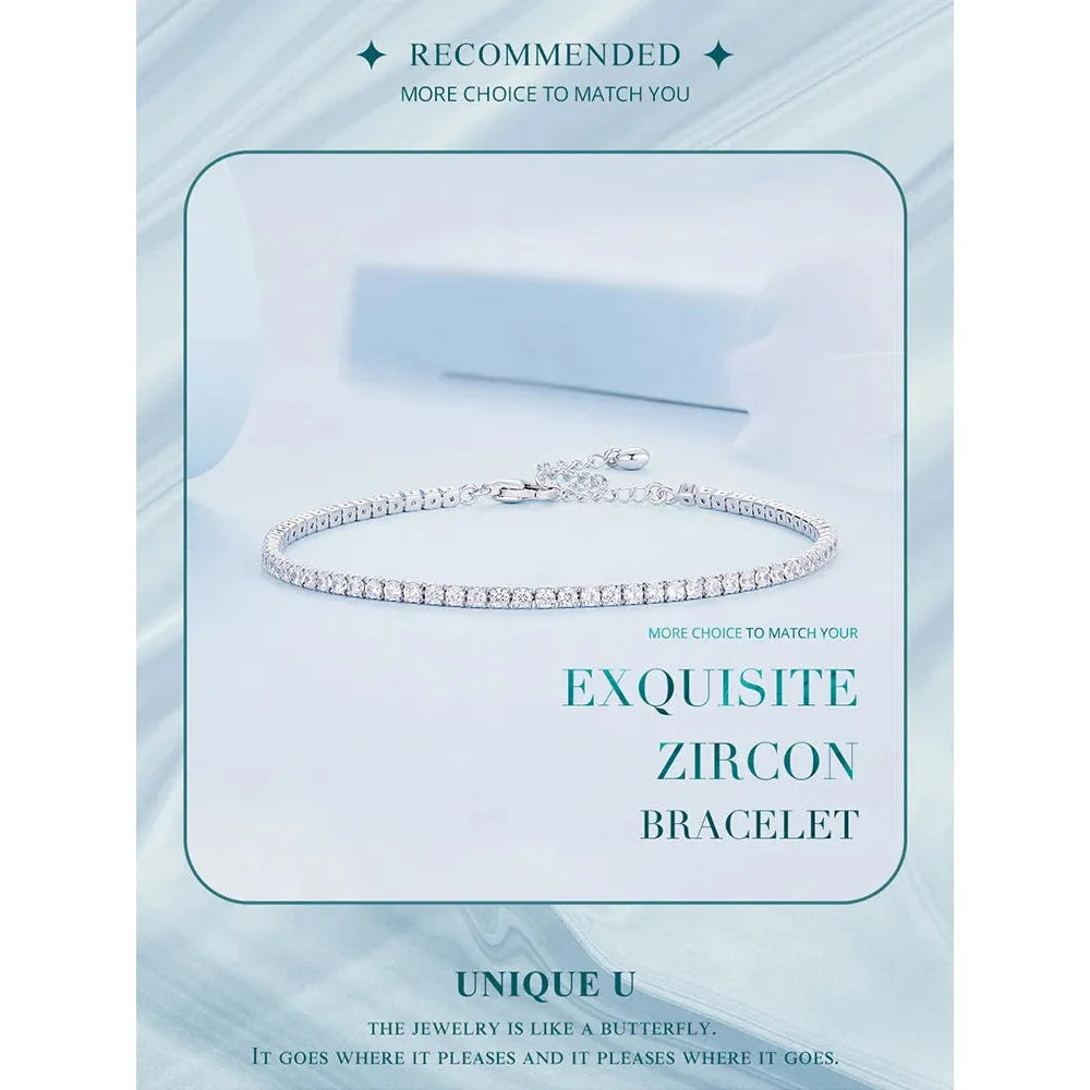Exquisite 925 Sterling Silver Adjustable Tennis Bracelet - Platinum Plated with Clear 3mm Cubic Zirconia - Bracelets