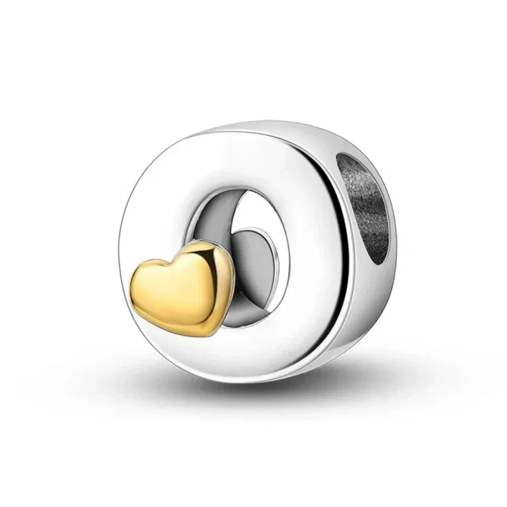 Personalize Your Bracelet: 925 Silver Alphabet Bead with Gold Heart - O - Charms