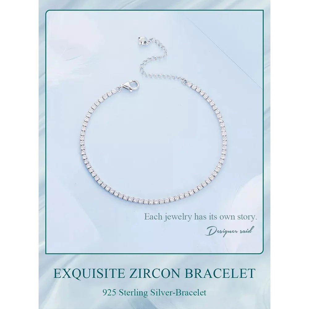 Exquisite 925 Sterling Silver Adjustable Tennis Bracelet - Platinum Plated with Clear 3mm Cubic Zirconia - Bracelets