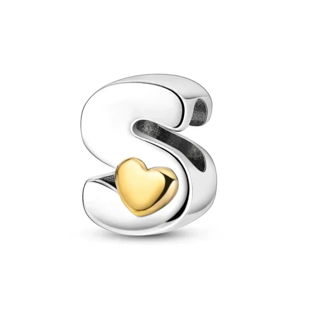 Personalize Your Bracelet: 925 Silver Alphabet Bead with Gold Heart - S - Charms