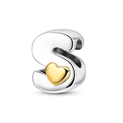 Personalize Your Bracelet: 925 Silver Alphabet Bead with Gold Heart - S - Charms