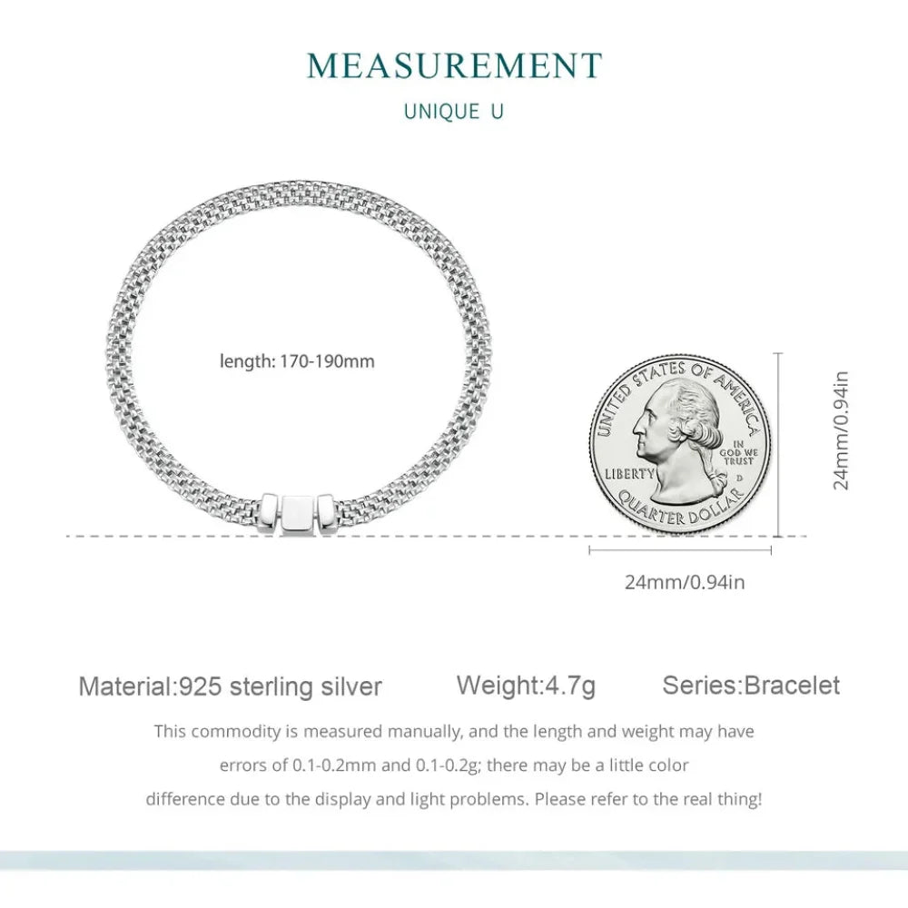 925 Sterling Silver Classic Square Buckle Bracelet Retro Braided Chain Link for Women Platinum Plated Fine jewellery