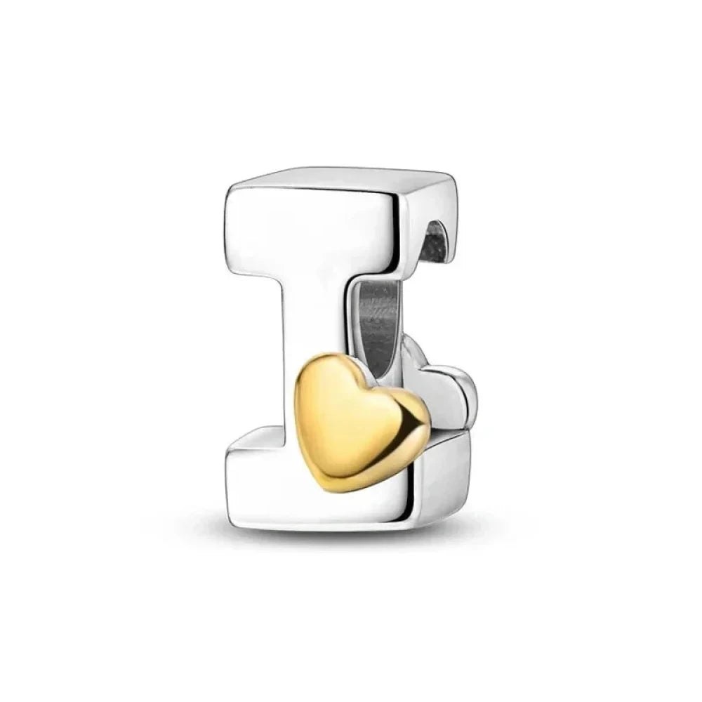 Personalize Your Bracelet: 925 Silver Alphabet Bead with Gold Heart - I - Charms