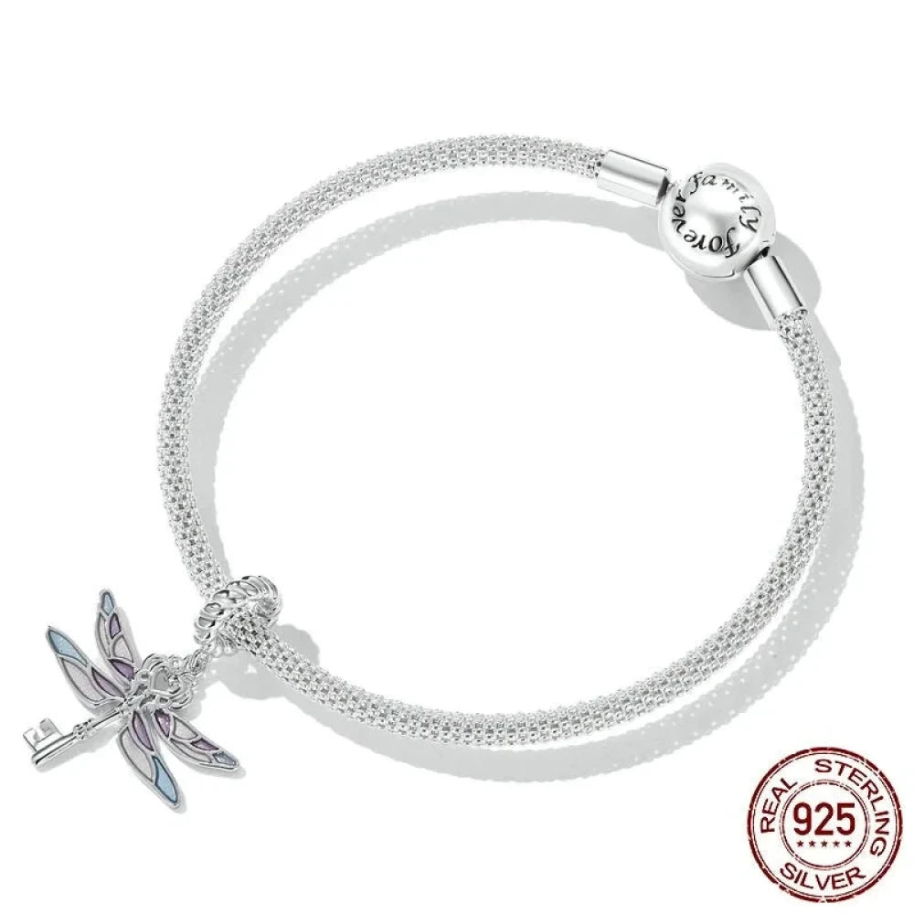 Sterling Silver Dragonfly Key Charm with Enamel - Colorful Pendant for Bracelets - Charms