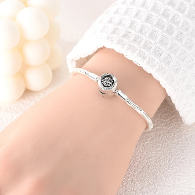 Elegant Sterling Silver Rose Clasp Snake Chain Bracelet - Charm Bracelets