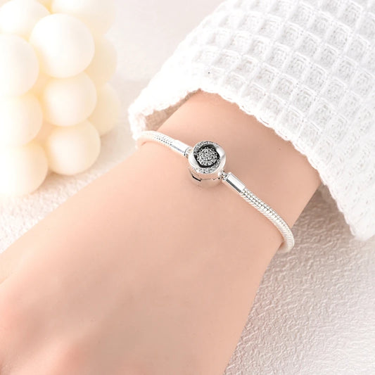 Elegant Sterling Silver Rose Clasp Snake Chain Bracelet - Charm Bracelets