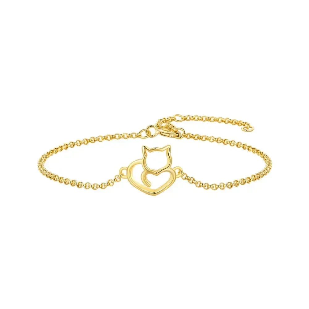 925 Sterling Silver Cat & Heart Link Chain Bracelets | Authentic jewellery Gift in 3 Colors - Gold