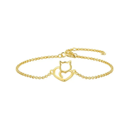 925 Sterling Silver Cat & Heart Link Chain Bracelets | Authentic jewellery Gift in 3 Colors - Gold