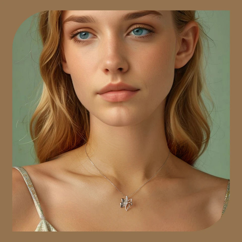 Autumn Elegance: White Gold Plated Sterling Silver Leaf Butterfly Necklace - Pendant Necklaces