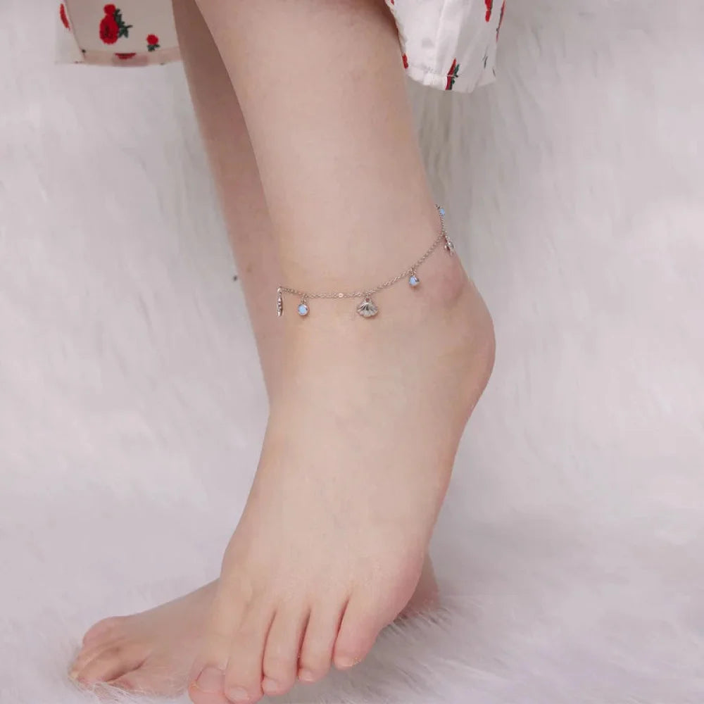 925 Sterling Silver Seastar and Shell Pendant Anklet | Simple Chain Foot jewellery for Women | Platinum Plated Summer