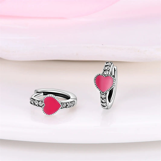 Romantic Pink Heart Sterling Silver Huggie Hoop Earrings with Cubic Zirconia