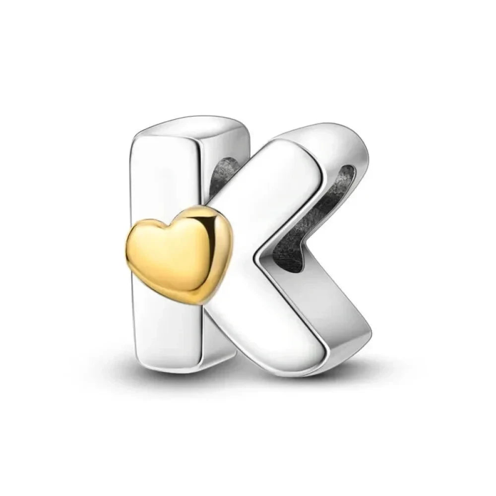 Personalize Your Bracelet: 925 Silver Alphabet Bead with Gold Heart - K - Charms