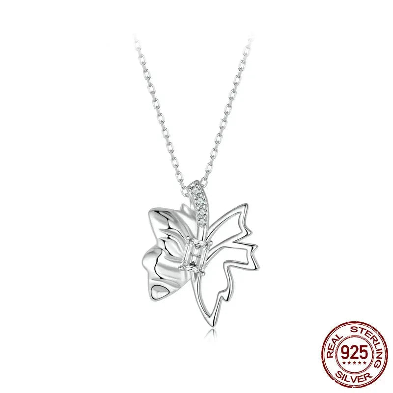 Autumn Elegance: White Gold Plated Sterling Silver Leaf Butterfly Necklace - Pendant Necklaces