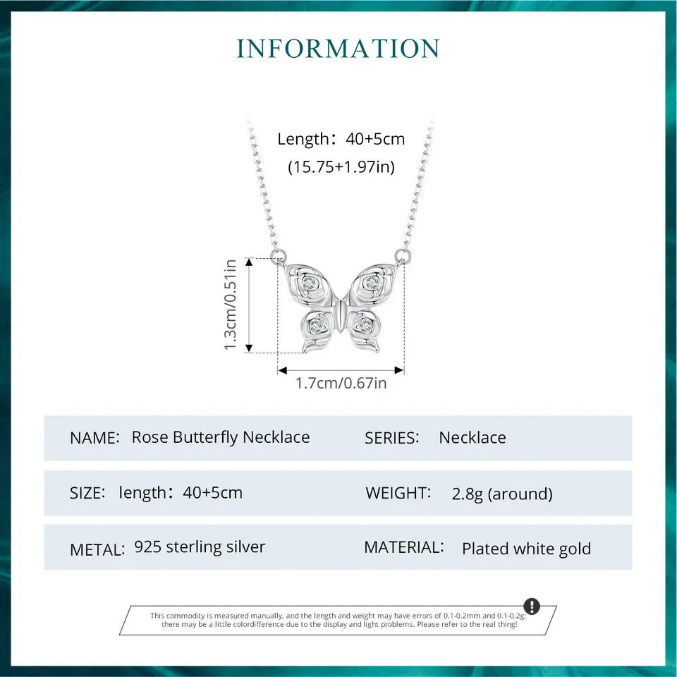 Romantic Elegance: Zircon White Gold Plated Rose Butterfly Sterling Silver Necklace - Necklaces