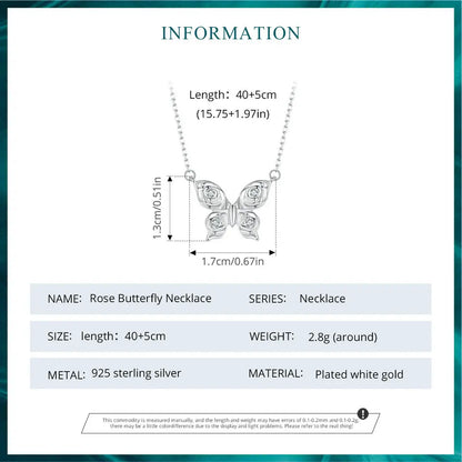 Romantic Elegance: Zircon White Gold Plated Rose Butterfly Sterling Silver Necklace - Necklaces