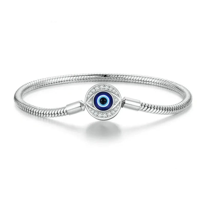 Protective Evil Eye Charm Sterling Silver Snake Chain Bracelet - 17 Cm - Bracelets