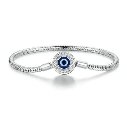 Protective Evil Eye Charm Sterling Silver Snake Chain Bracelet - 17 Cm - Bracelets