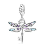 Sterling Silver Dragonfly Key Charm With Enamel Colorful Pendant For Bracelets Charms