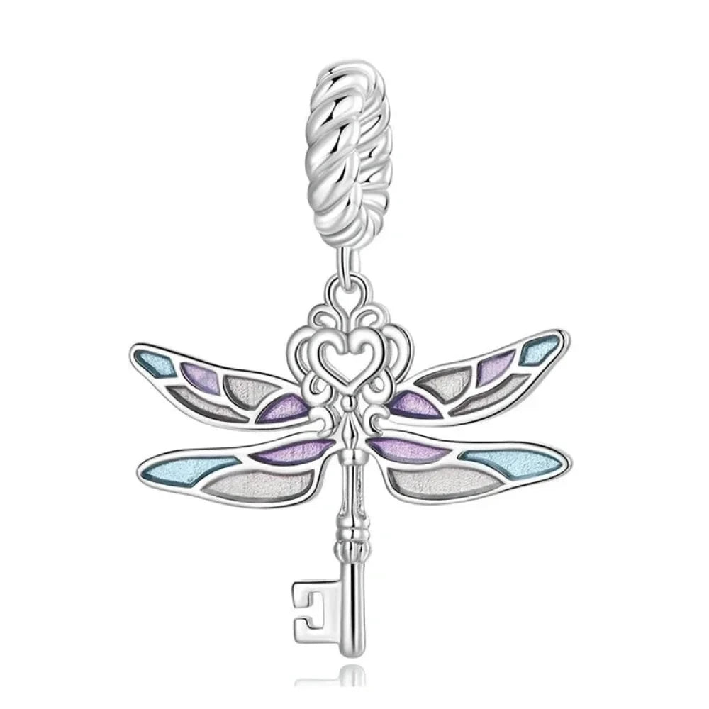 Sterling Silver Dragonfly Key Charm with Enamel - Colorful Pendant for Bracelets - Charms