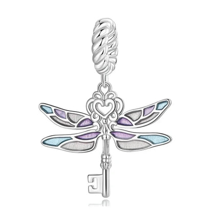 Sterling Silver Dragonfly Key Charm with Enamel - Colorful Pendant for Bracelets - Charms