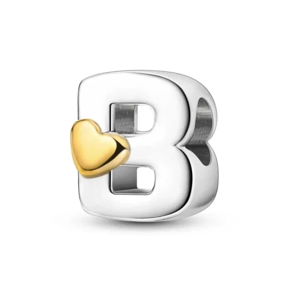 Personalize Your Bracelet: 925 Silver Alphabet Bead with Gold Heart - B - Charms