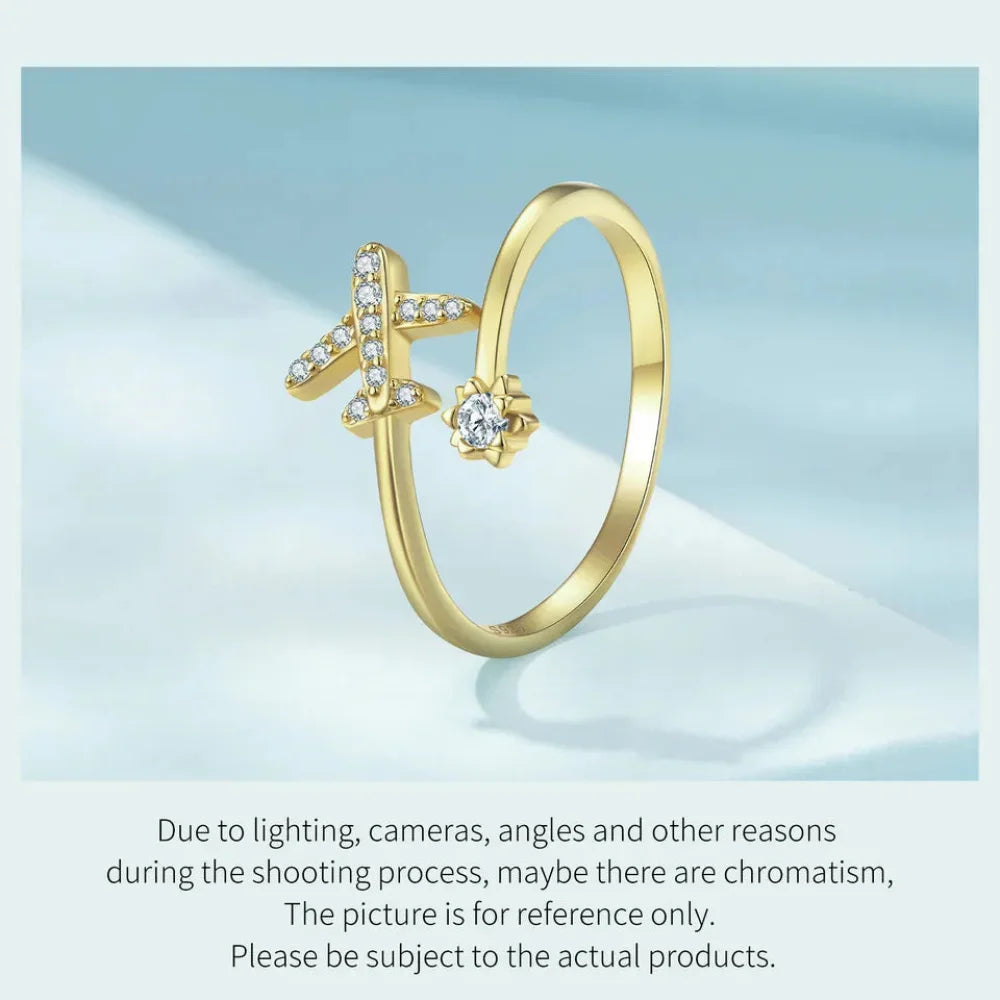 Genuine 925 Sterling Silver Flying Plane Open Adjustable Ring with Clear CZ - Fine jewellery - Rings
