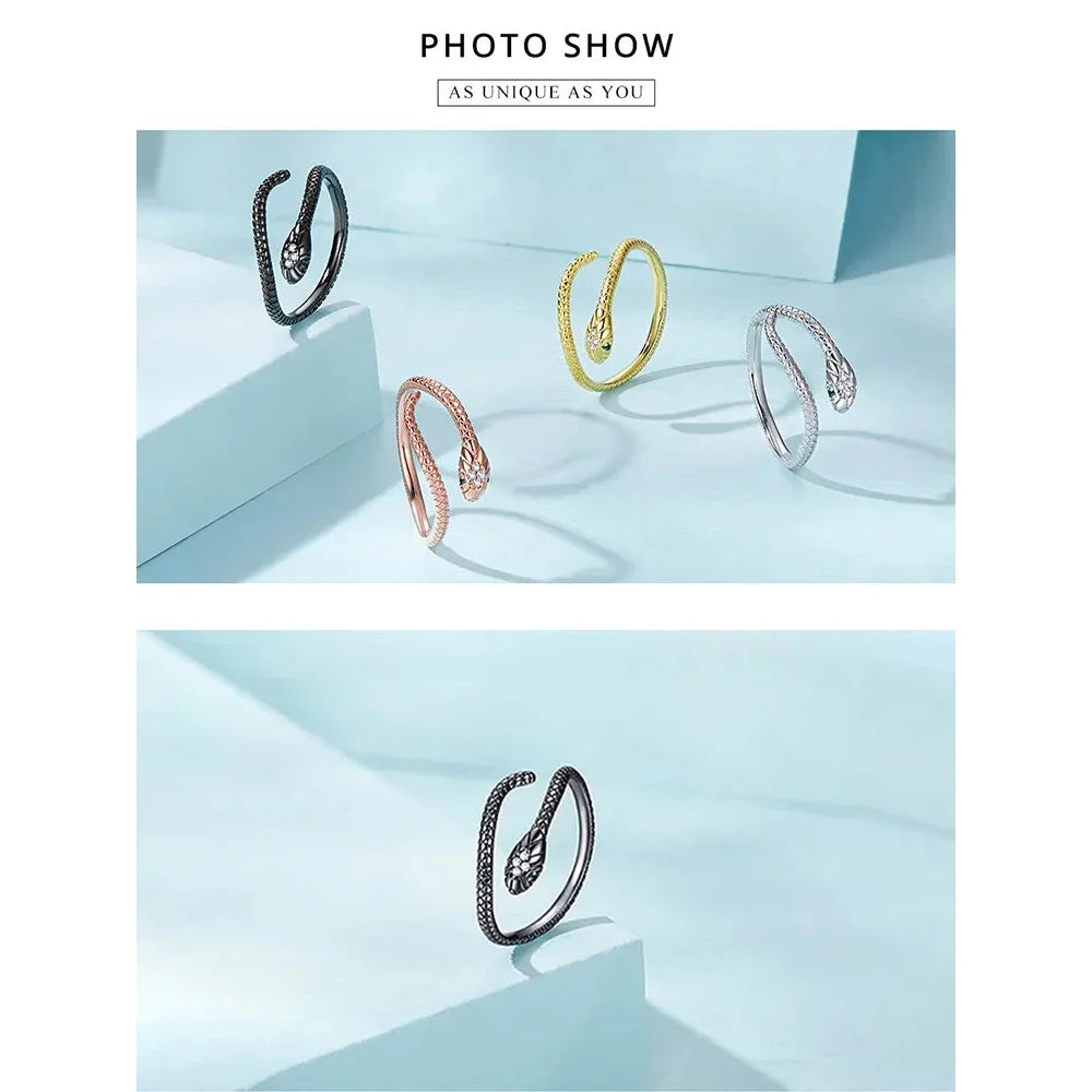 925 Sterling Silver Adjustable Snake Ring with Green Zircon - Fashion jewellery in 4 Colors - Rings