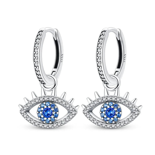 Sterling Silver Evil Eye Hoop Earrings With Blue Cubic Zirconia - Drop