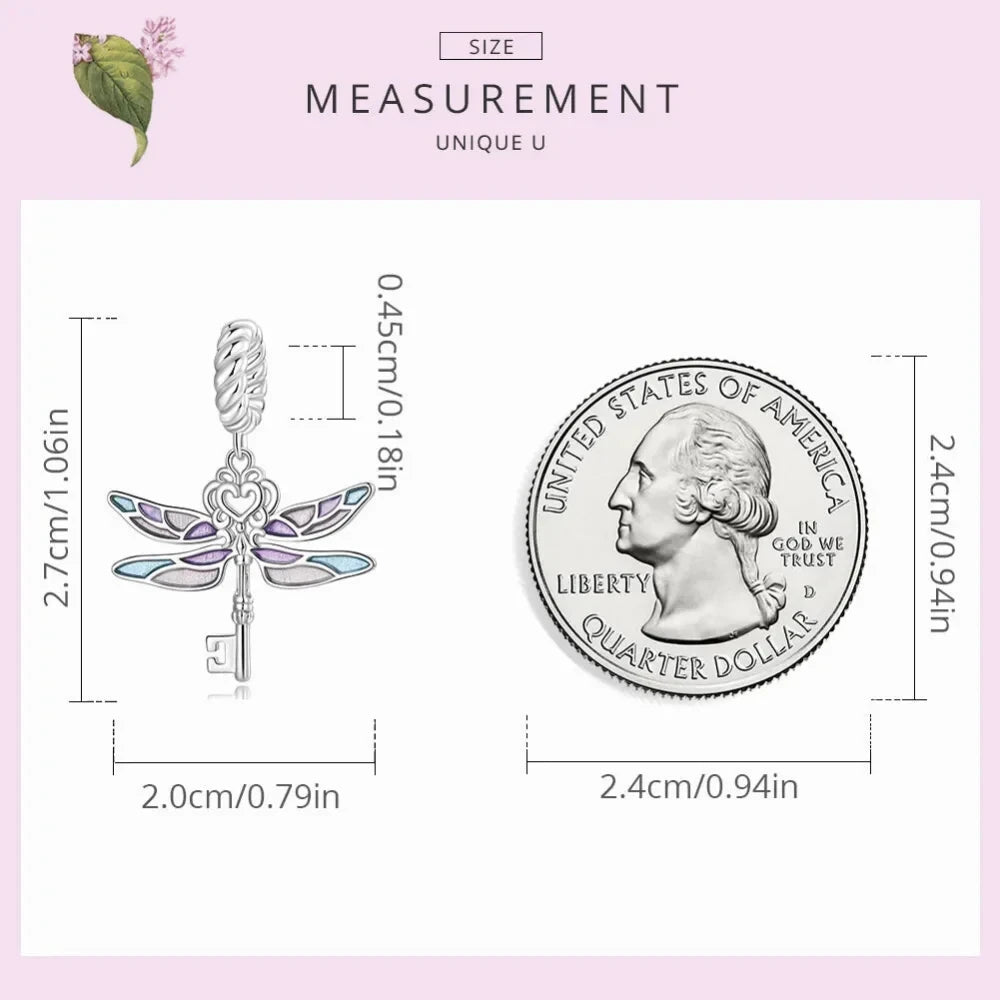 Sterling Silver Dragonfly Key Charm with Enamel - Colorful Pendant for Bracelets - Charms