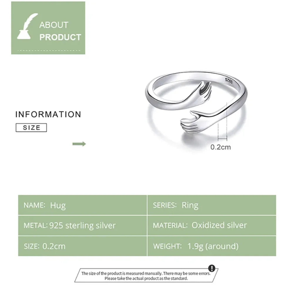 925 Sterling Silver Hug Warmth and Love Hand Adjustable Ring for Women - His Big Loving Hugs in 3 Colors - Rings