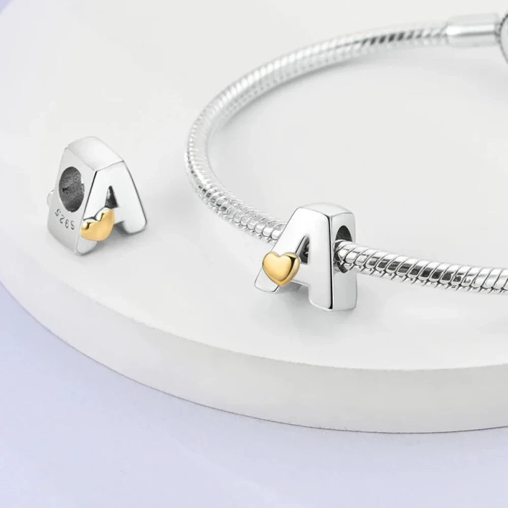 Personalize Your Bracelet: 925 Silver Alphabet Bead with Gold Heart - Charms