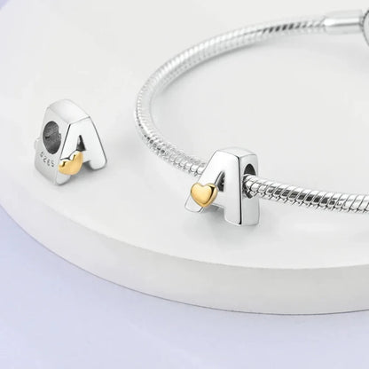 Personalize Your Bracelet: 925 Silver Alphabet Bead with Gold Heart - Charms
