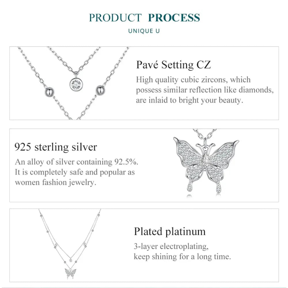 925 Sterling Silver Double-layer Tassel Butterfly Pendant Necklace for Women - Elegant Fine jewellery - Necklaces