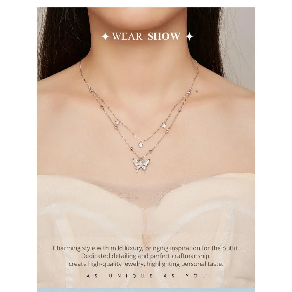 925 Sterling Silver Double-layer Tassel Butterfly Pendant Necklace for Women - Elegant Fine jewellery - Necklaces
