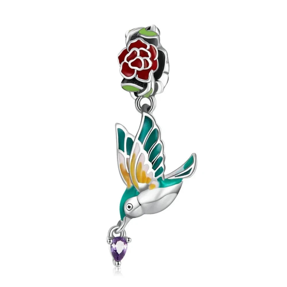 Springtime Charm - Sterling Silver Flower & Bird Pendant for Bracelets - Scc2195 - Charms