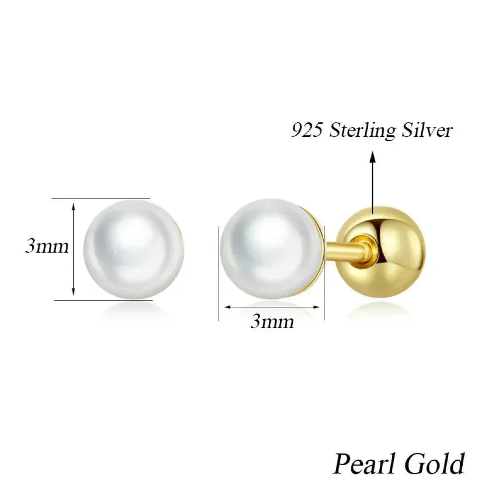 Charm And Elegance: 925 Sterling Silver Pearl Beads Screw Stud Earrings 3Mm Gold