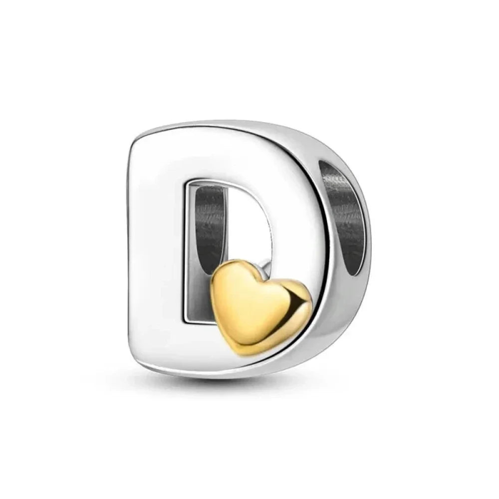 Personalize Your Bracelet: 925 Silver Alphabet Bead with Gold Heart - D - Charms