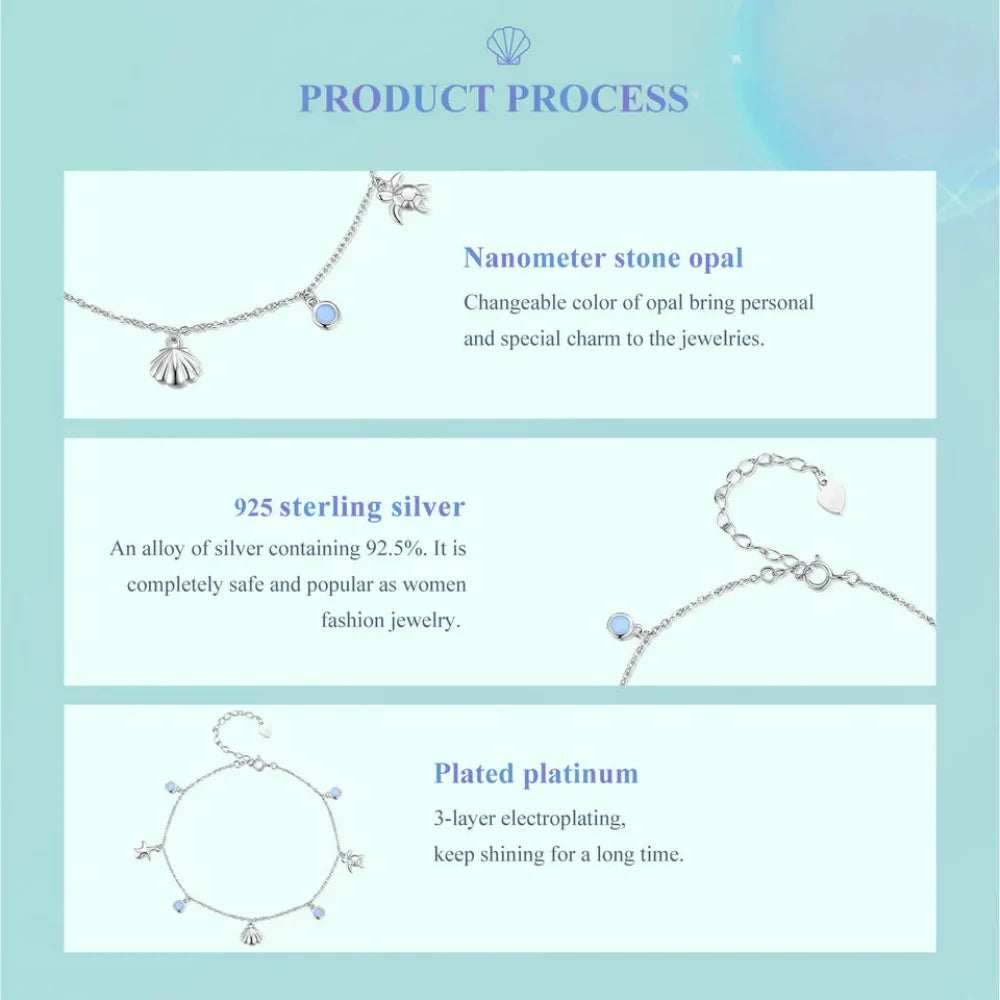 925 Sterling Silver Seastar and Shell Pendant Anklet | Simple Chain Foot jewellery for Women | Platinum Plated Summer