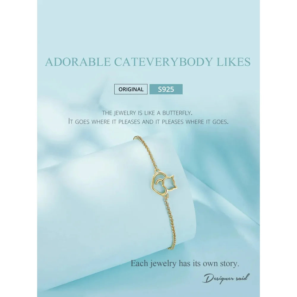 925 Sterling Silver Cat & Heart Link Chain Bracelets | Authentic jewellery Gift in 3 Colors