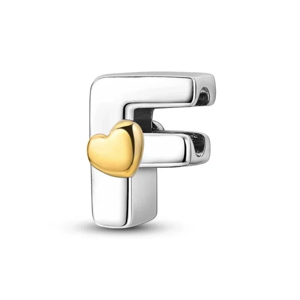 Personalize Your Bracelet: 925 Silver Alphabet Bead with Gold Heart - F - Charms