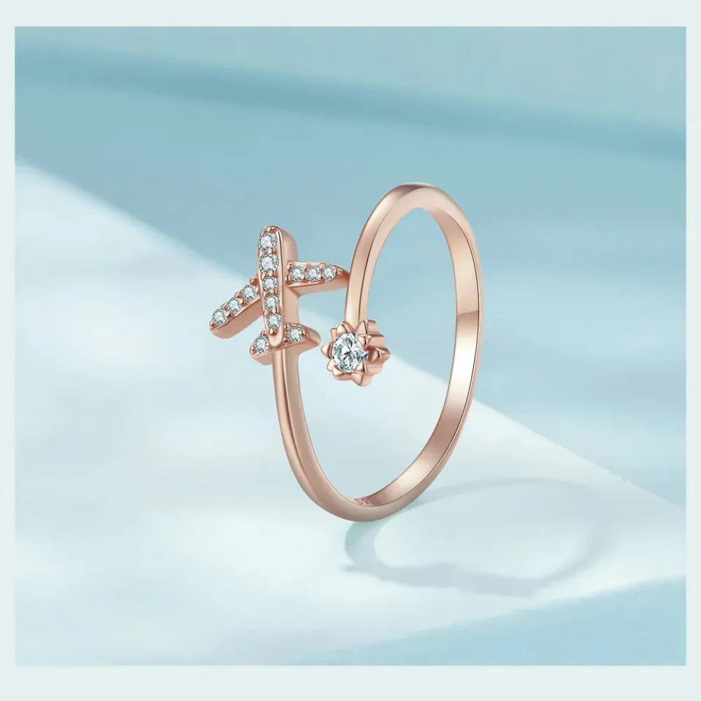 Genuine 925 Sterling Silver Flying Plane Open Adjustable Ring with Clear CZ - Fine jewellery - Rings
