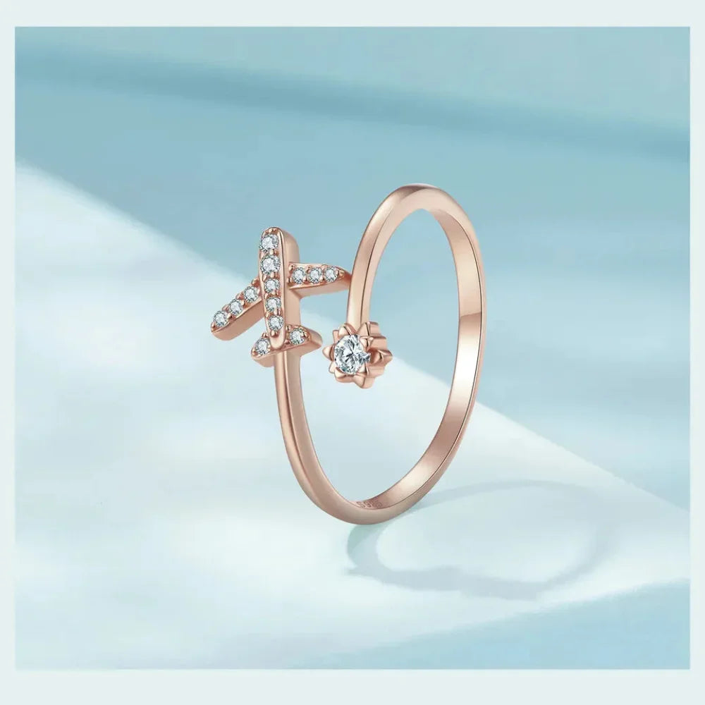Genuine 925 Sterling Silver Flying Plane Open Adjustable Ring With Clear Cz Fine Jewelry Rings
