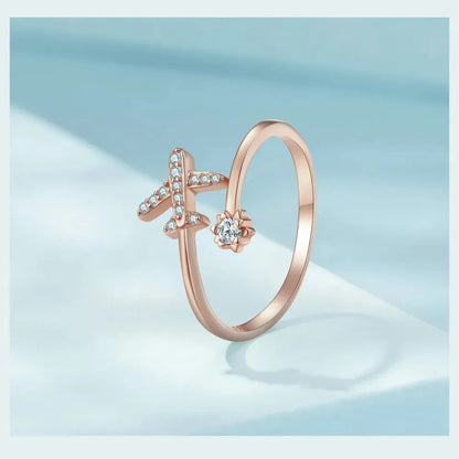 Genuine 925 Sterling Silver Flying Plane Open Adjustable Ring with Clear CZ - Fine jewellery - Rings