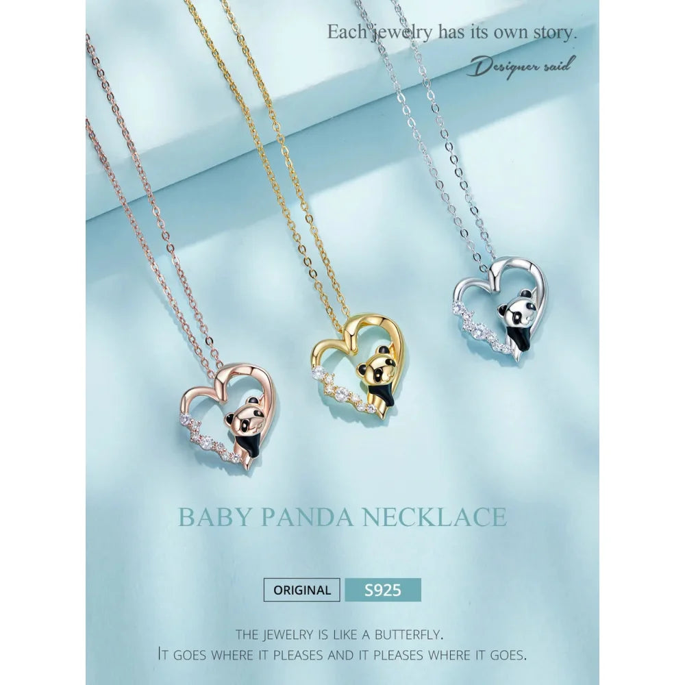 925 Sterling Silver Baby Panda Crystal Necklace | Enamel Cute Animal Charm Chain Link | Women’s Gift - 17.71’’ SCN453