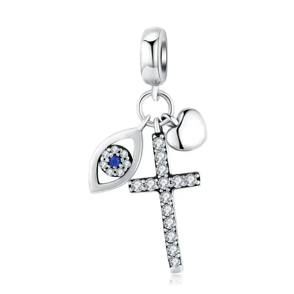 925 Sterling Silver Clear 5A Crystal Collection Family Heart Cross Charm Beads for Bracelet & Necklace Pendant