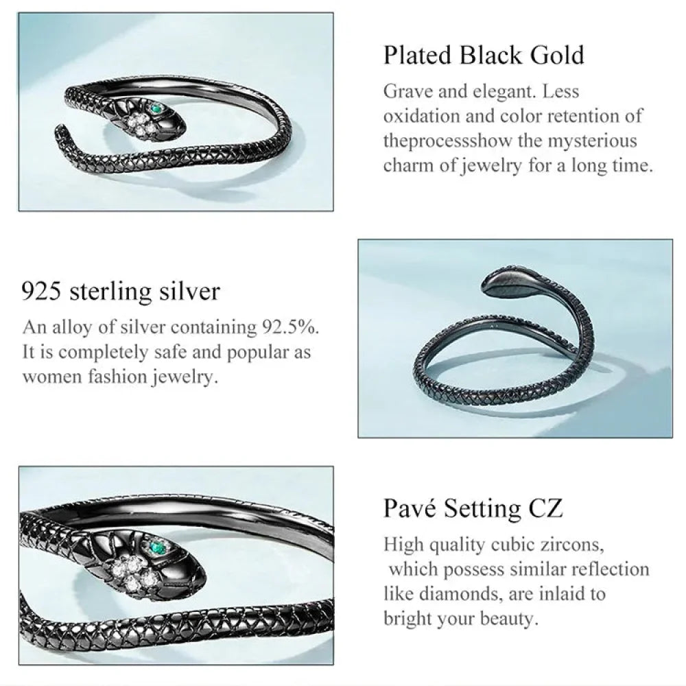 925 Sterling Silver Adjustable Snake Ring with Green Zircon - Fashion jewellery in 4 Colors - Rings