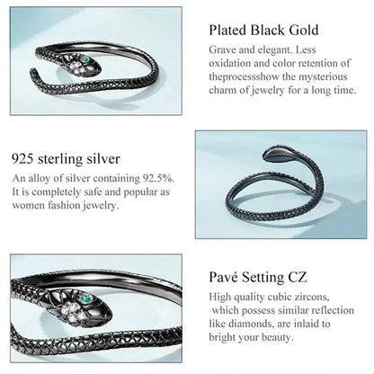 925 Sterling Silver Adjustable Snake Ring with Green Zircon - Fashion jewellery in 4 Colors - Rings