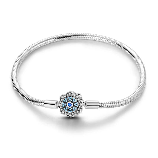 Radiant Blue Flower Clasp Sterling Silver Bracelet - Charm Bracelets
